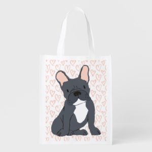 Black French Bulldog Drawing Grocery Bag