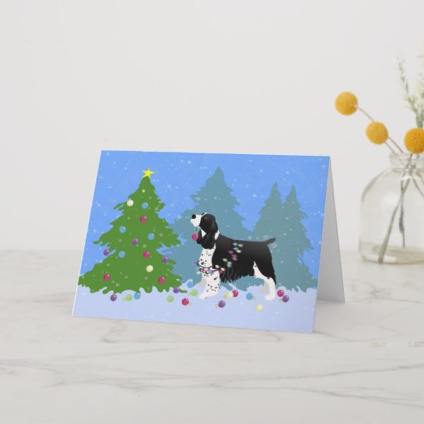 Black Springer Spaniel Decorating Christmas Tree Holiday Card