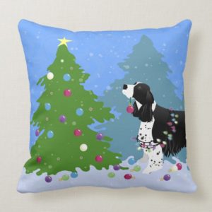 Black Springer Spaniel Decorating Christmas Tree Throw Pillow