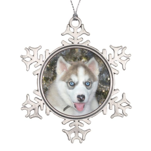 Blue eyed Siberian Husky Christmas Snowflake Pewter Christmas Ornament