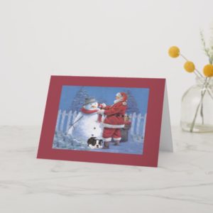 Boston Terrier Christmas Snowman and Santa Greetin Holiday Card