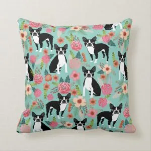 Boston Terrier Girly Vintage Flowers Print - cute Throw Pillow