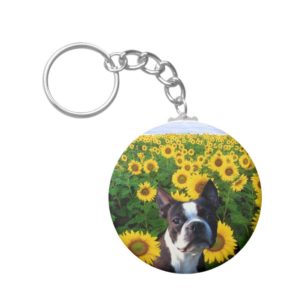 Boston Terrier in Sunflowers keychain