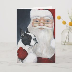 "Boston Terrier Tells Santa" Art Christmas Card
