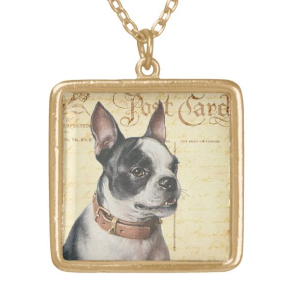 Boston Terrier Vintage Dog Portrait Boston Bull Gold Plated Necklace