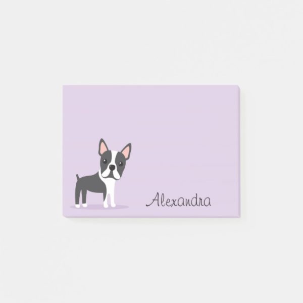 Boston terrier with personalized name purple post-it notes