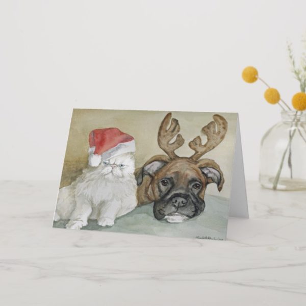 "Boxer and Cat" Dog Art Greeting Card