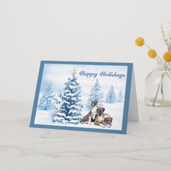 Boxer Christmas Blue Tree Greeting Card