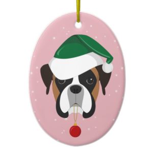 Boxer Dog Santa Hat Christmas Illustration Ceramic Ornament