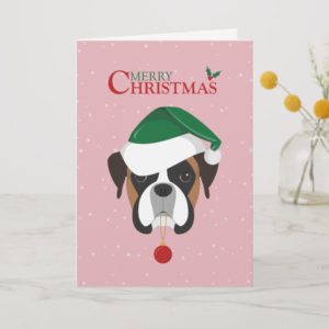 Boxer Dog Santa Hat Christmas Illustration Holiday Card