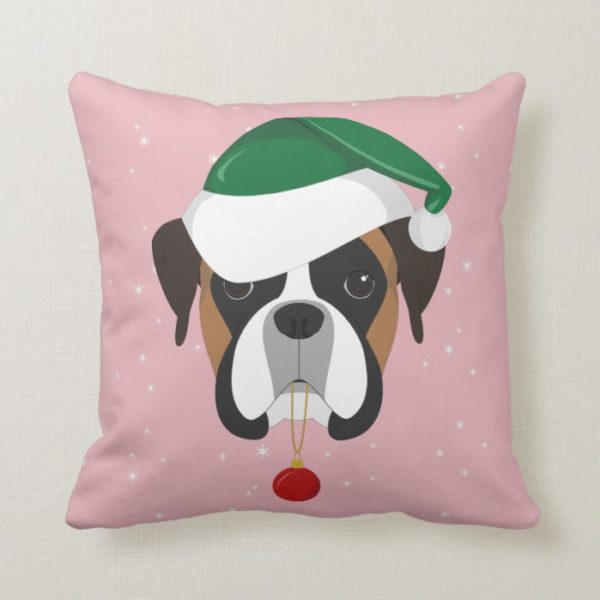 Boxer Dog Santa Hat Christmas Illustration Throw Pillow