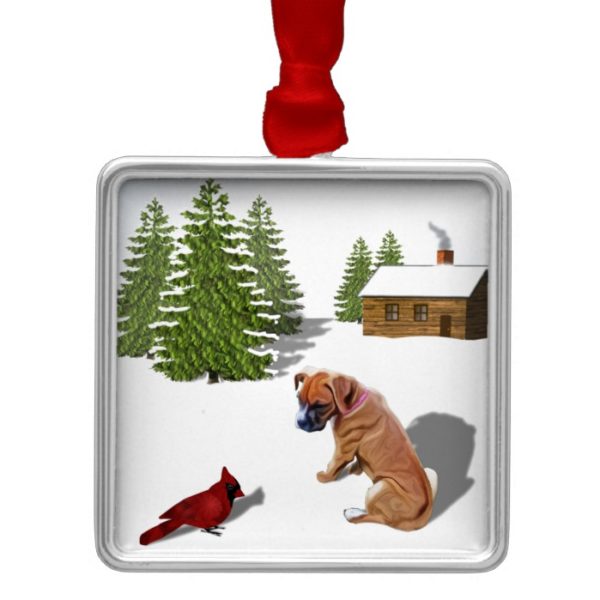 Boxer Pup and Cardinal Metal Ornament