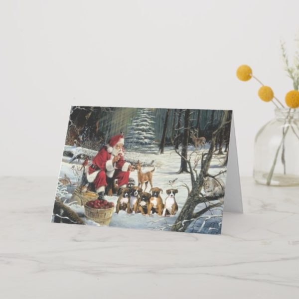 Boxer Puppies Christmas Santa Greeting Card