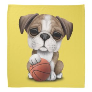 British Bulldog Puppy Playing With Basketball Bandana