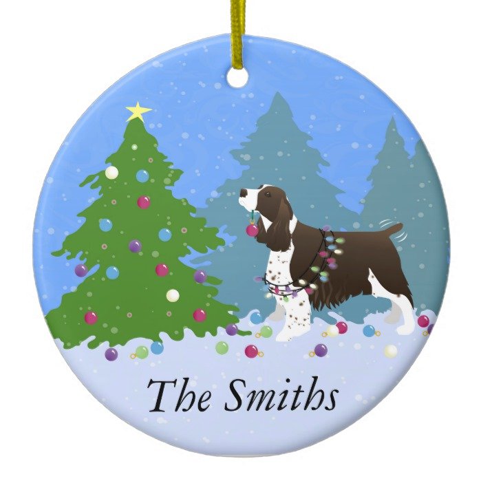 Brown Springer Spaniel Decorating Christmas Tree Ceramic Ornament
