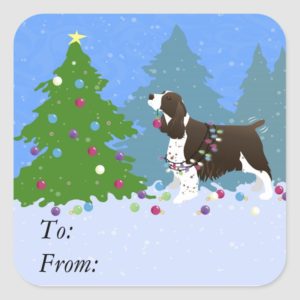 Brown Springer Spaniel Decorating Christmas Tree Square Sticker