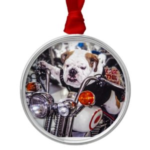 Bulldog on Motorcycle Metal Ornament