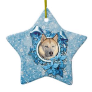 Christmas - Blue Snowflakes - Siberian Husky Ceramic Ornament