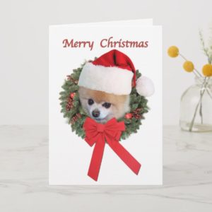 Christmas, Pomeranian Dog, Santa Hat Holiday Card