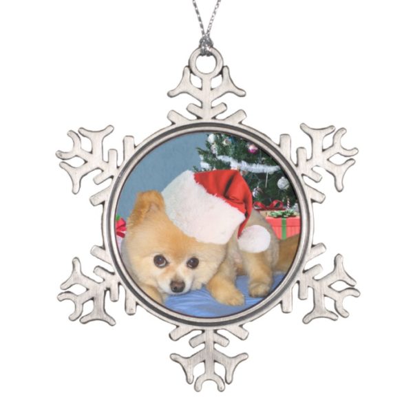 Christmas, Pomeranian Dog, Santa Hat Snowflake Pewter Christmas Ornament