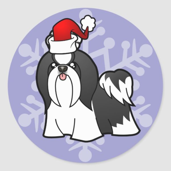 Christmas Shih Tzu (black & white) Classic Round Sticker