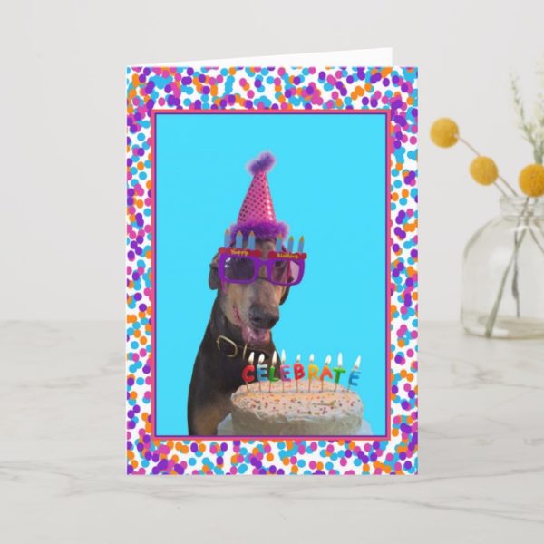 Colorful Doberman Birthday Celebration Cake Card