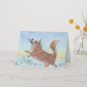 Corgi dog, catching snowflakes holiday card