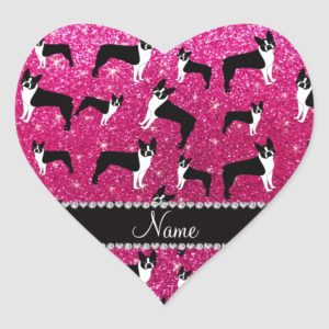 Custom name neon hot pink glitter boston terrier heart sticker