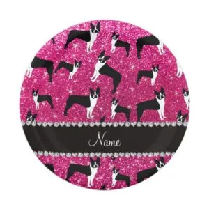 Custom name neon hot pink glitter boston terrier paper plate