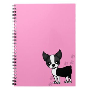 Cute Boston Terrier Cartoon Paw Prints - Pink Notebook