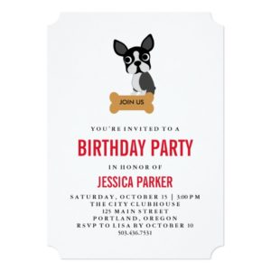 Cute Boston Terrier with Bone Birthday Party Invitation