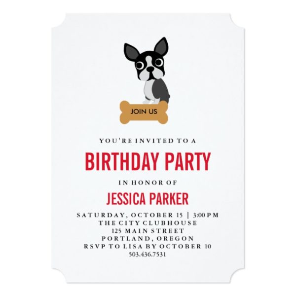 Cute Boston Terrier with Bone Birthday Party Invitation