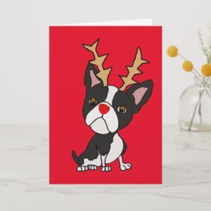 Cute Boston Terrier with Reindeer Antlers Cartoon Holiday Card
