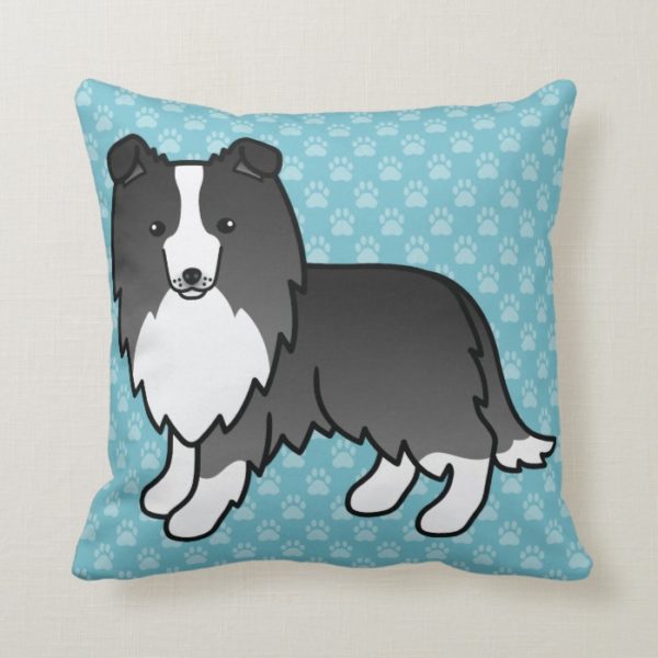 Cute Cartoon Bi-Black Shetland Sheepdog On Blue Throw Pillow