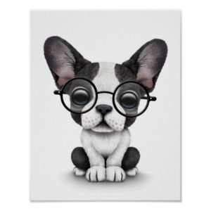 Cute French Bulldog Puppy with Glasses, white Poster