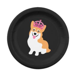 Cute Little Corgi Princess Wearing a Pink Crown Paper Plate