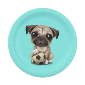 Cute Pug Puppy Dog With Football Soccer Ball Paper Plate