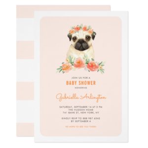 Cute Watercolor Pug Peach Floral Baby Shower Invitation