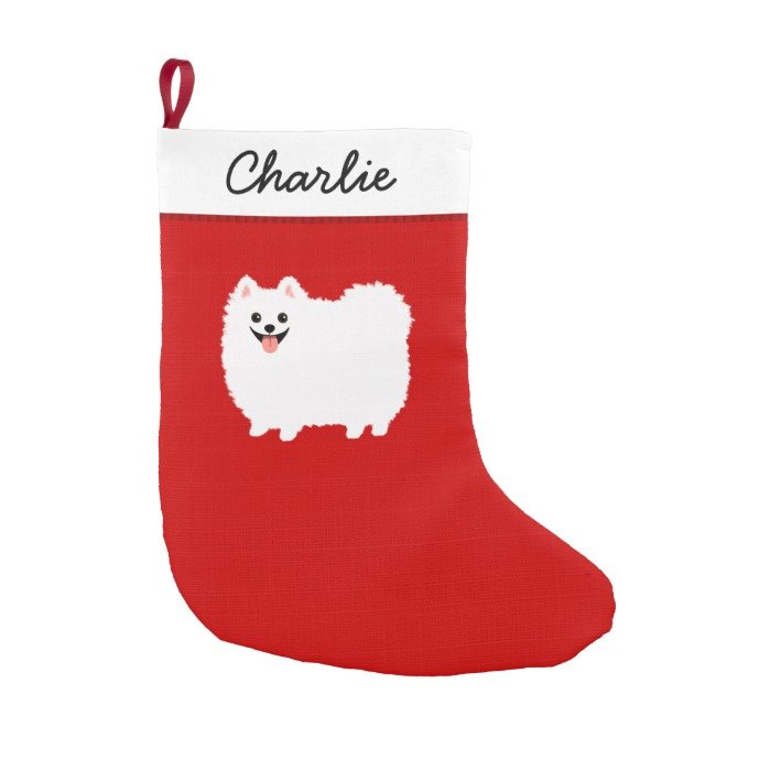 Cute White Pomeranian Cartoon Dog Fluffy Pommie Small Christmas Stocking