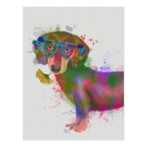 Dachshund & Glasses Rainbow Splash Postcard