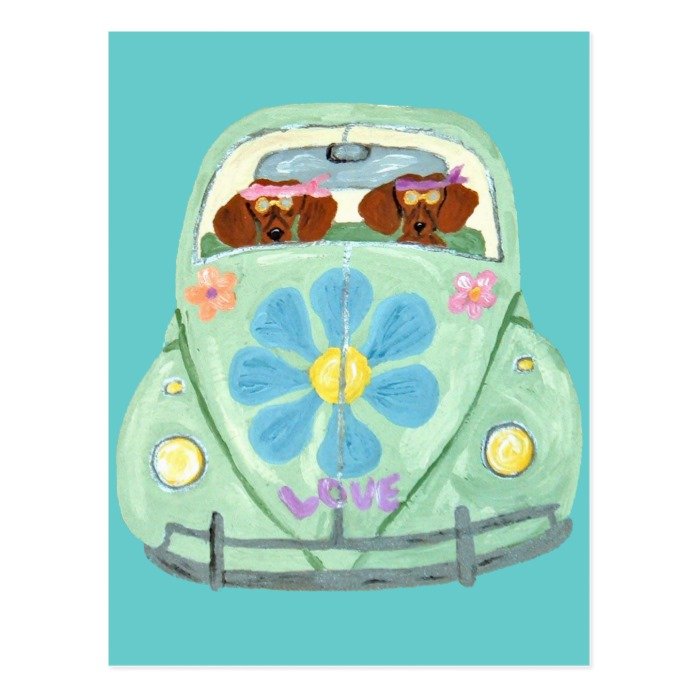 Dachshund Hippies In Their Flower Love Mobile Postcard