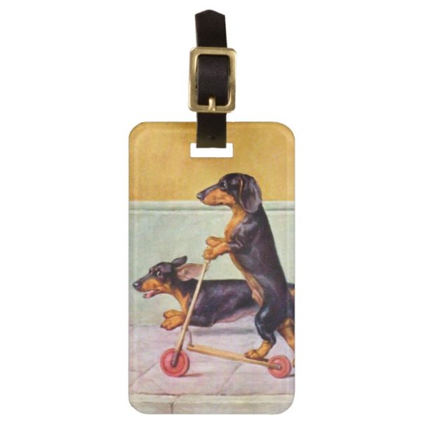 Dachshund on scooter vintage bag tag