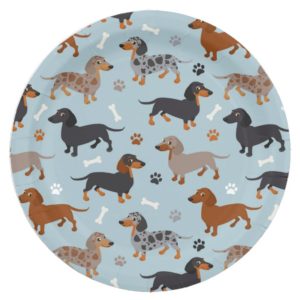 Dachshund Paws and Bones Pattern Blue Paper Plate