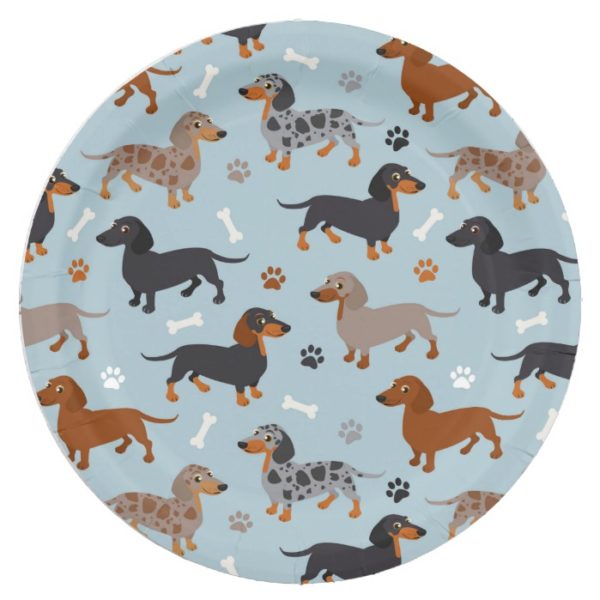 Dachshund Paws and Bones Pattern Blue Paper Plate