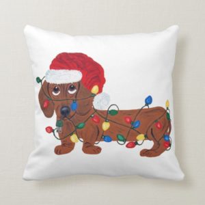 Dachshund Tangled In Christmas Lights (Red) Throw Pillow