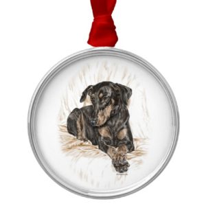 Doberman Dog Natural Ears Metal Ornament