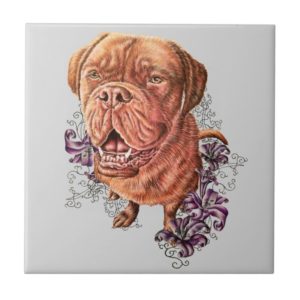 Drawing of Brown Mastiff Dog Art and Lilies Ceramic Tile