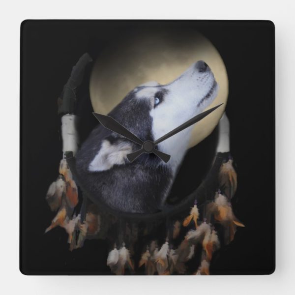 Dream catcher and blue eyed Husky Square Wall Clock