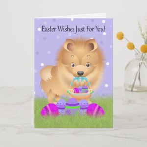 Easter With Little Pomeranian With Easter Basket Holiday Card