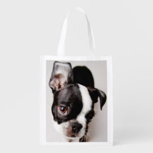 Edison Boston Terrier puppy. Reusable Grocery Bag